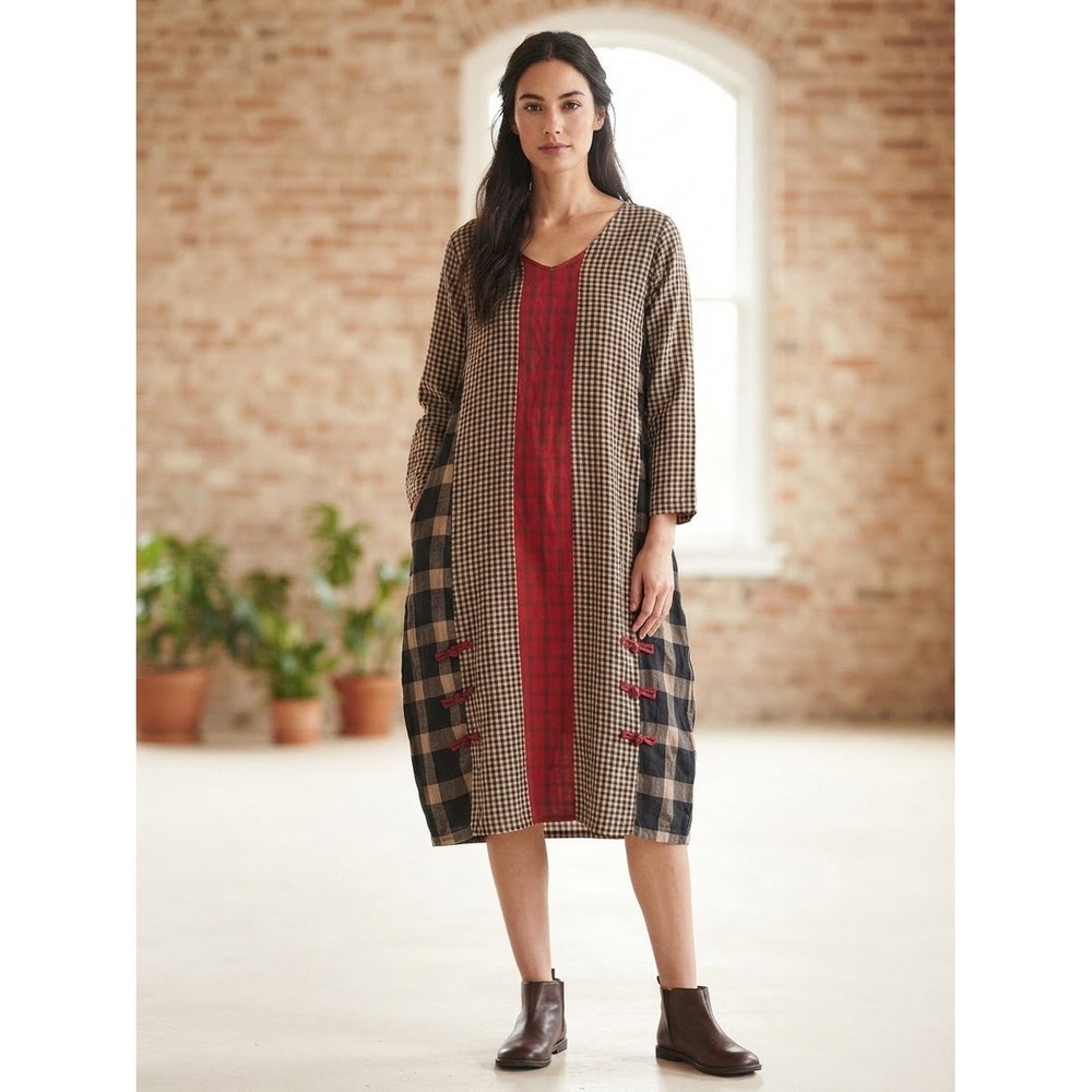 Buykud Womens XL Mixed Plaid Patchwork Midi Dress Long Sleeve Red Tan Black